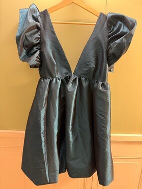 Lulu's Teal Shimmer V-Neck Dress